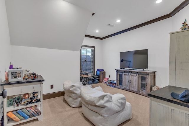 living room featuring ornamental molding and light colored carpet