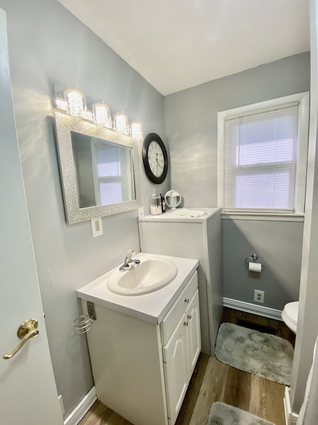 bathroom featuring vanity, hardwood / wood-style floors, and toilet