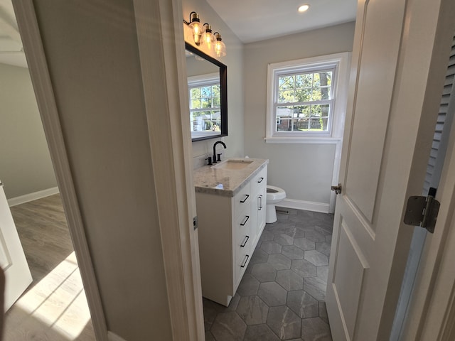 bathroom with vanity, hardwood / wood-style floors, and toilet