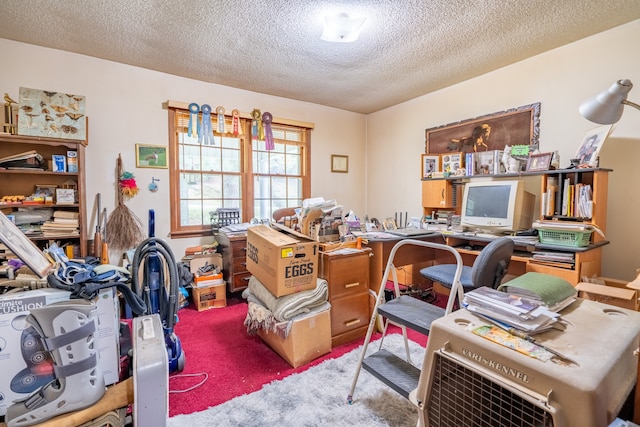 carpeted home office with a textured ceiling