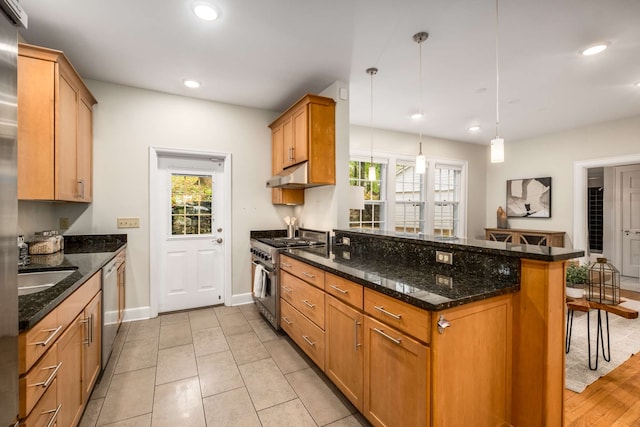 kitchen with kitchen peninsula, pendant lighting, stainless steel appliances, and dark stone countertops