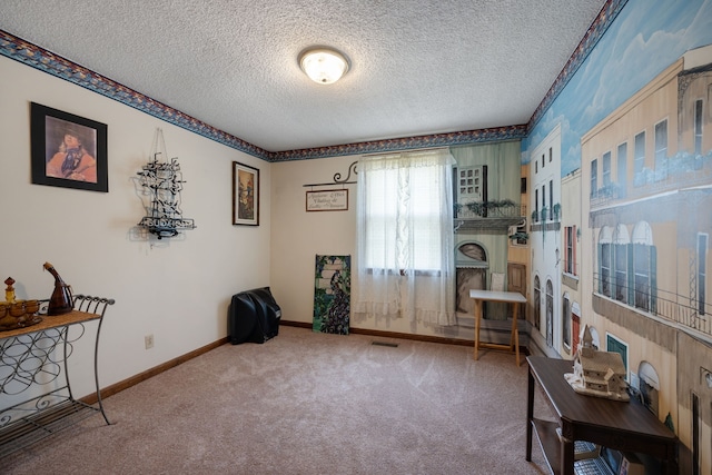 misc room featuring carpet floors and a textured ceiling