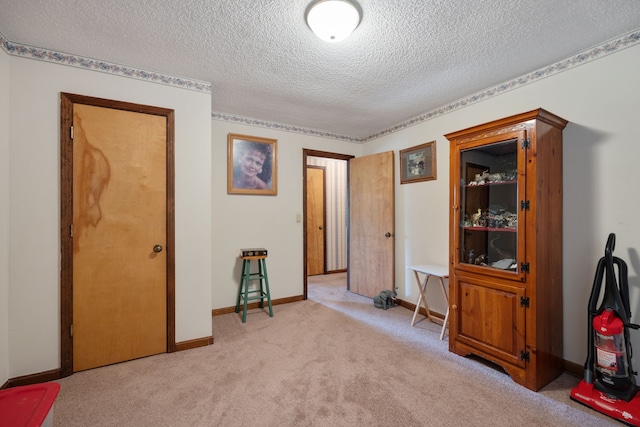 misc room with a textured ceiling and light colored carpet