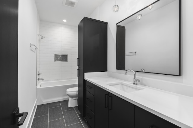 full bath with recessed lighting, visible vents, toilet, vanity, and shower / tub combination