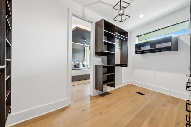 walk in closet with light wood finished floors