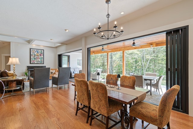 dining room featuring light hardwood / wood-style flooring, a textured ceiling, a notable chandelier, and plenty of natural light