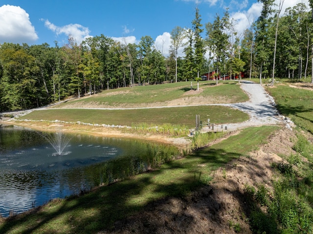 view of property's community featuring a water view and a lawn