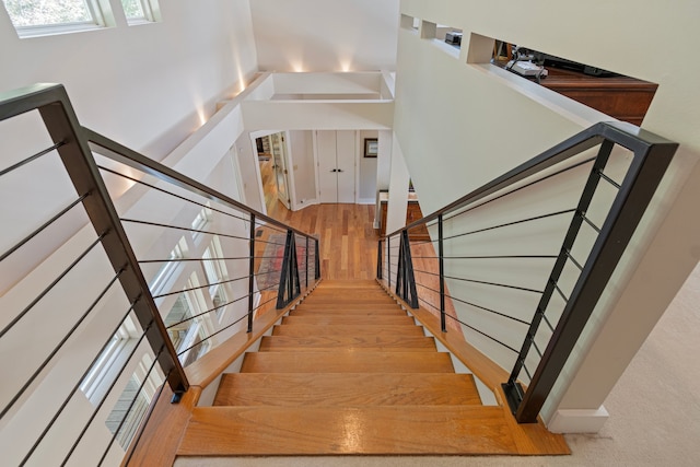 stairs with hardwood / wood-style flooring