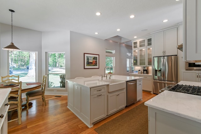 kitchen with pendant lighting, an island with sink, a healthy amount of sunlight, and stainless steel appliances