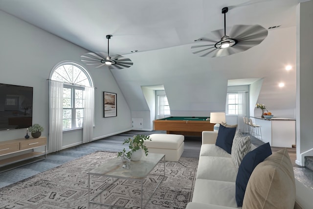 living room with ceiling fan, billiards, and vaulted ceiling