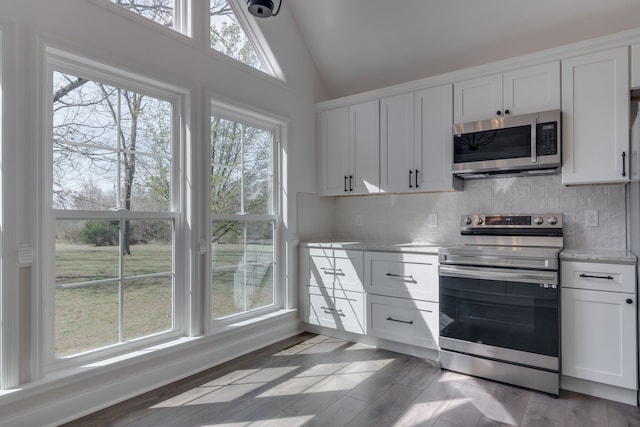 kitchen featuring stainless steel appliances, white cabinets, and plenty of natural light