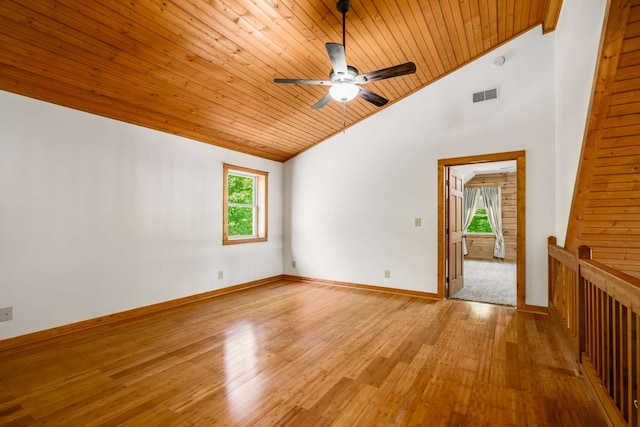 spare room featuring high vaulted ceiling, light wood-type flooring, ceiling fan, and wooden ceiling