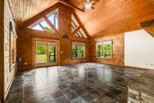 unfurnished living room with ceiling fan, wooden walls, high vaulted ceiling, and wooden ceiling