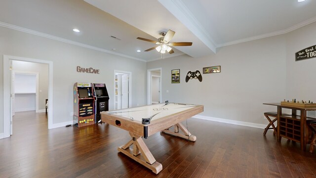 recreation room featuring ornamental molding, ceiling fan, and dark wood-type flooring