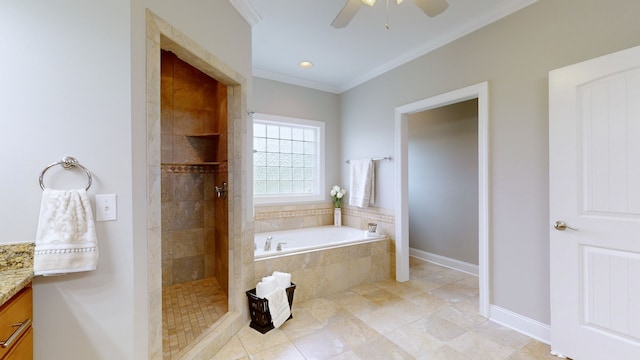 bathroom featuring plus walk in shower, tile patterned flooring, ornamental molding, ceiling fan, and vanity