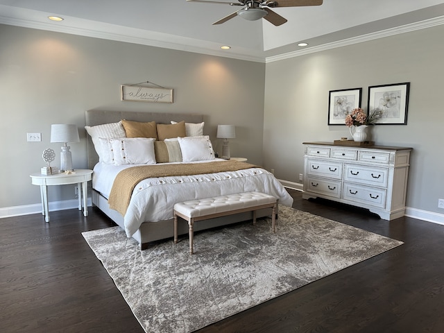 bedroom featuring ceiling fan, dark wood-type flooring, and crown molding