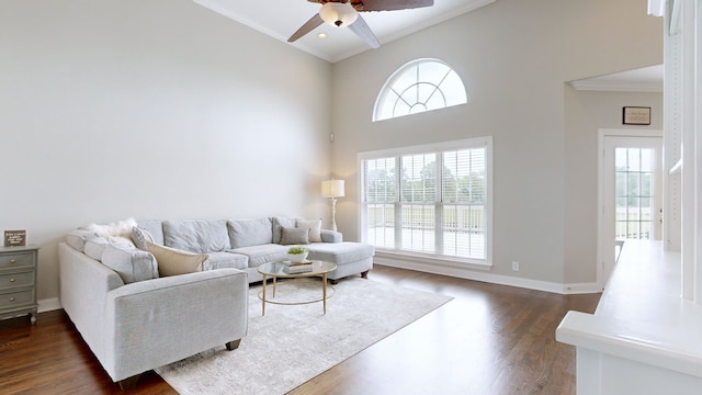 living room featuring a towering ceiling, ornamental molding, dark hardwood / wood-style floors, and ceiling fan