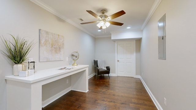 unfurnished office featuring ornamental molding, ceiling fan, electric panel, and dark hardwood / wood-style flooring