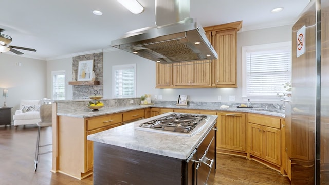 kitchen with a center island, wall chimney exhaust hood, stainless steel appliances, ornamental molding, and ceiling fan