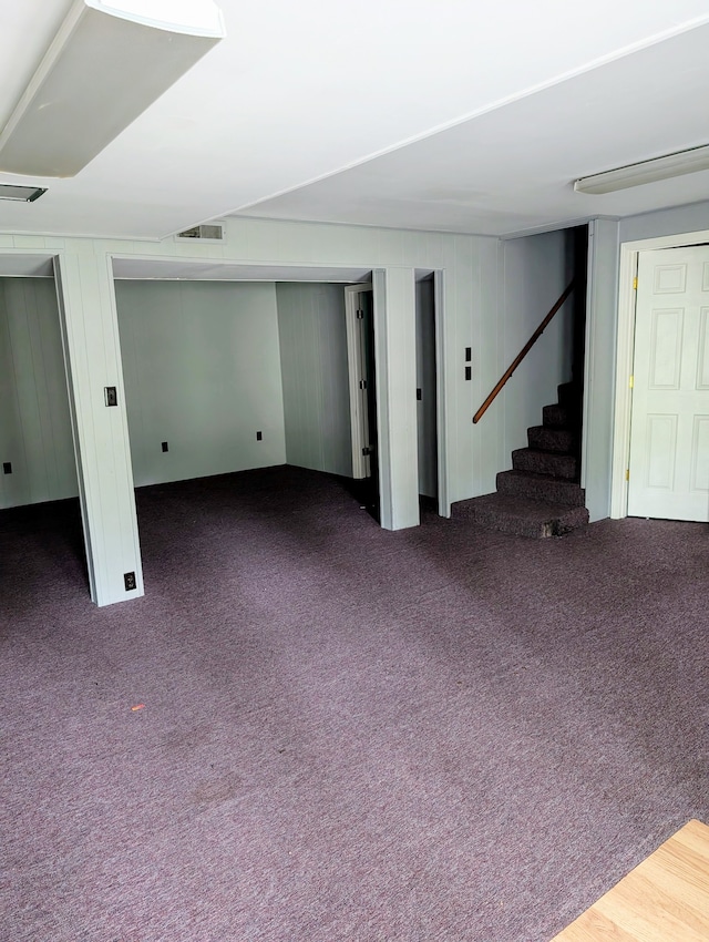 basement featuring wood walls and carpet floors