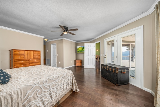 bedroom with ceiling fan, dark hardwood / wood-style floors, and ornamental molding