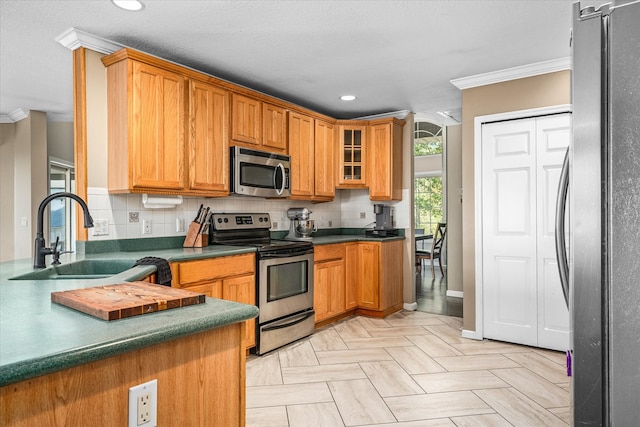 kitchen with ornamental molding, stainless steel appliances, sink, and decorative backsplash