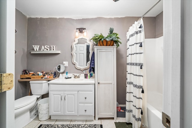 full bathroom featuring shower / tub combo with curtain, tile patterned floors, vanity, and toilet