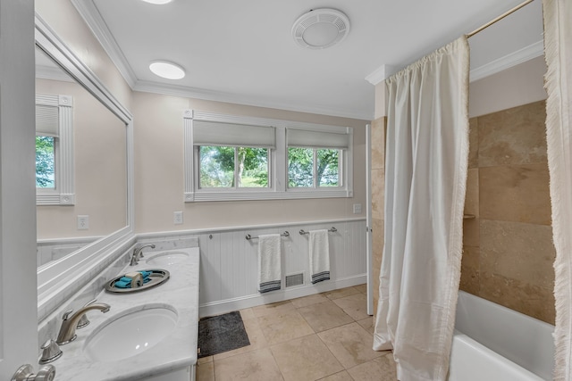 bathroom with tile patterned floors, shower / tub combo, ornamental molding, and a wealth of natural light