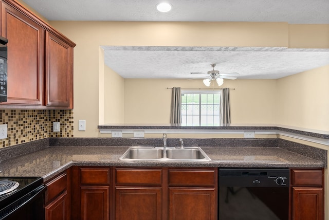 kitchen featuring black appliances, ceiling fan, tasteful backsplash, and sink