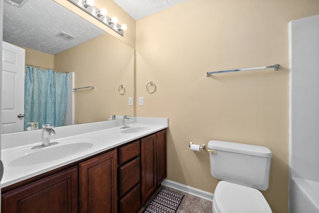 full bathroom featuring vanity, separate shower and tub, a textured ceiling, tile patterned floors, and toilet