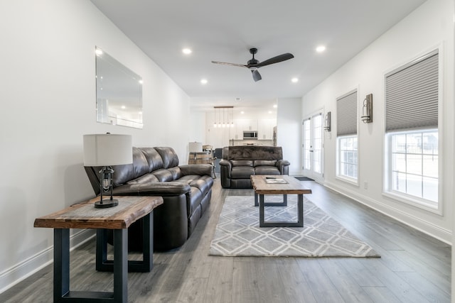 living room featuring hardwood / wood-style floors and ceiling fan