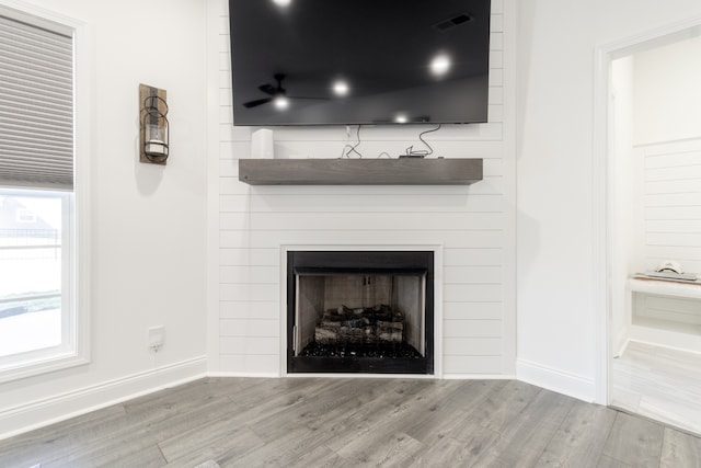 interior details featuring hardwood / wood-style floors and a fireplace