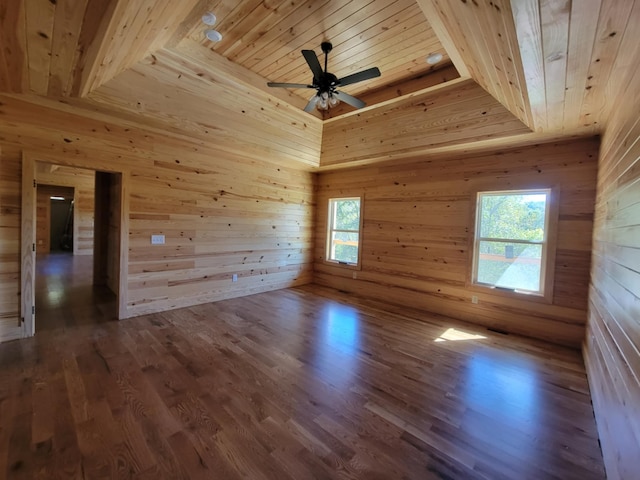 empty room with wood ceiling, dark hardwood / wood-style floors, and wood walls