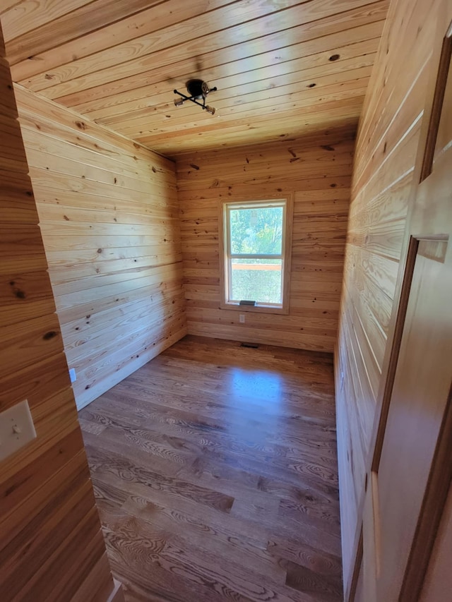 spare room featuring hardwood / wood-style floors, wooden walls, and wooden ceiling