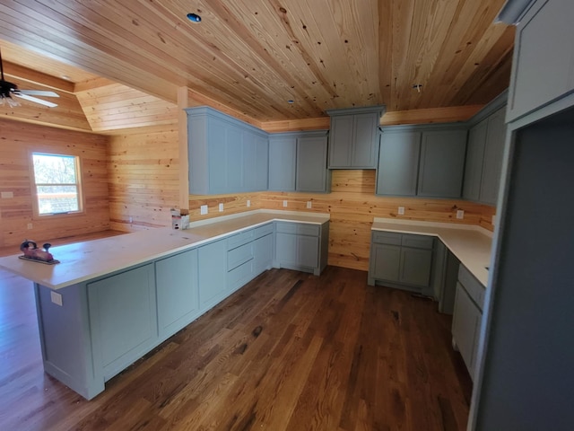 kitchen featuring dark wood-type flooring, kitchen peninsula, wooden ceiling, and wooden walls