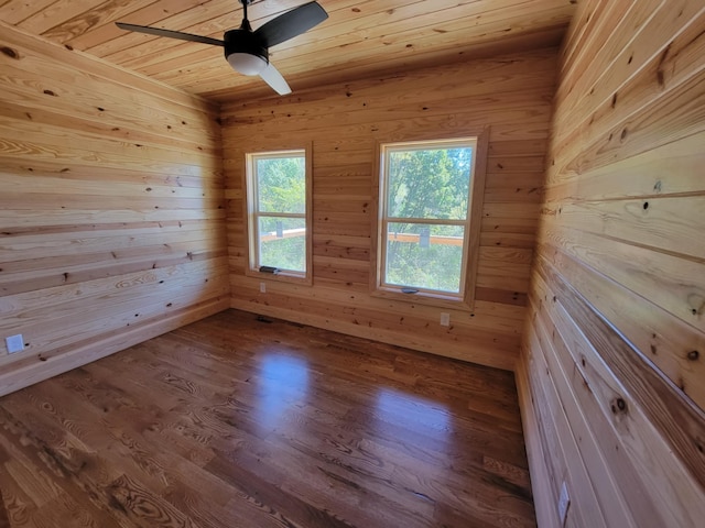 spare room featuring ceiling fan, wood ceiling, hardwood / wood-style flooring, and wood walls