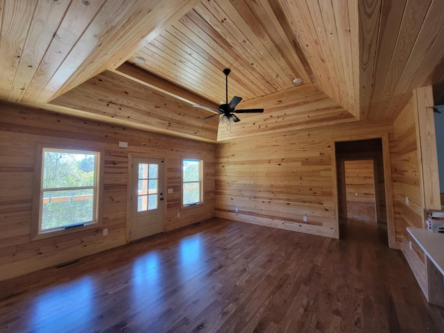 unfurnished living room with wooden ceiling, lofted ceiling, wooden walls, and dark hardwood / wood-style floors