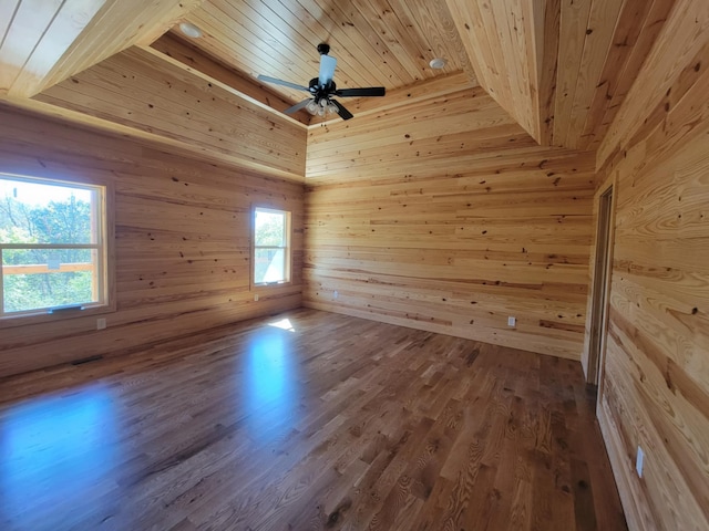 unfurnished room featuring wood ceiling, hardwood / wood-style flooring, plenty of natural light, and wood walls