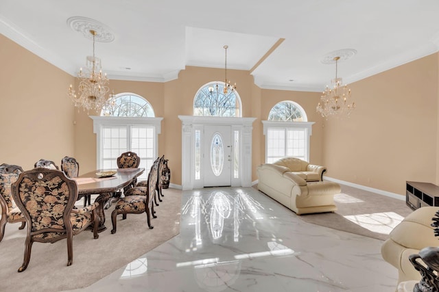 interior space with crown molding and a chandelier