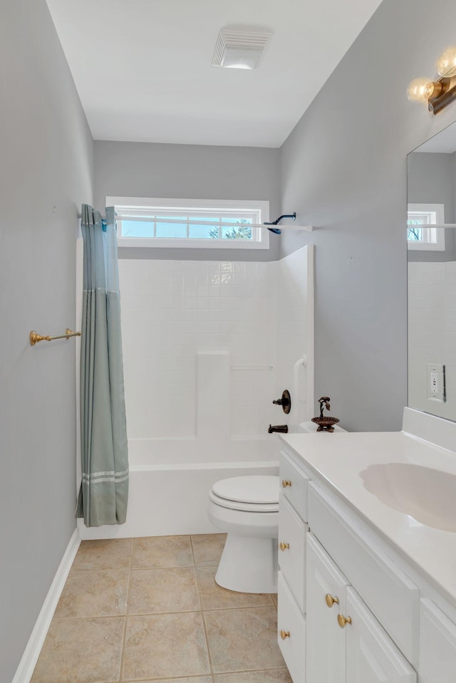 full bathroom featuring shower / tub combo with curtain, vanity, toilet, and tile patterned flooring