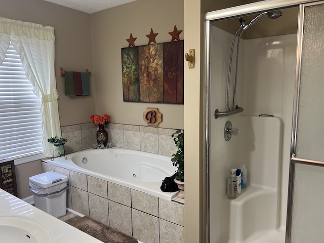 bathroom with independent shower and bath and vanity