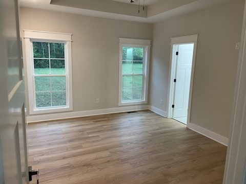 unfurnished room featuring light wood-type flooring and a tray ceiling