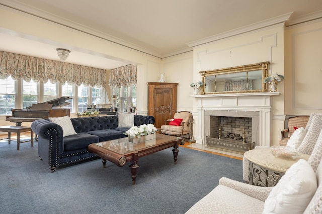 carpeted living room featuring ornamental molding