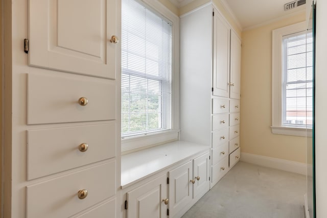 interior space with ornamental molding and carpet floors