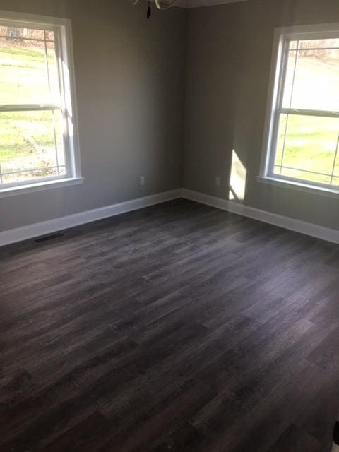 unfurnished room featuring a healthy amount of sunlight and dark hardwood / wood-style flooring