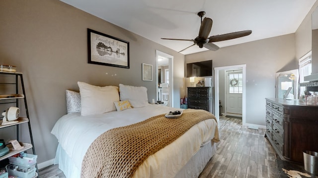 bedroom with multiple windows, hardwood / wood-style flooring, and ceiling fan