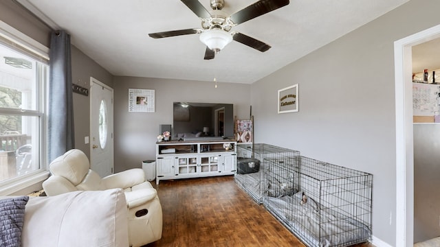 living room featuring ceiling fan and dark wood-type flooring