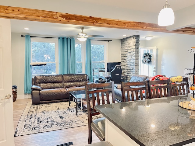 living room with light hardwood / wood-style floors, plenty of natural light, and ceiling fan