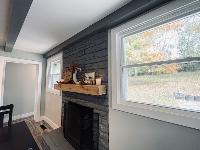 living room featuring a healthy amount of sunlight, hardwood / wood-style flooring, and a fireplace