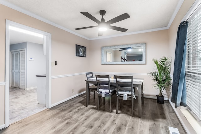 dining room with ceiling fan, ornamental molding, a textured ceiling, and hardwood / wood-style floors